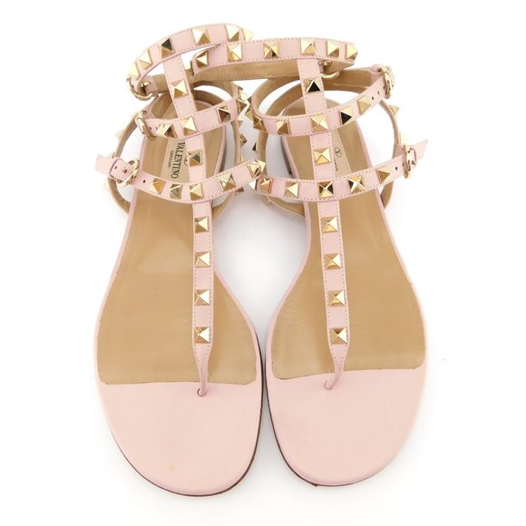 VALENTINO Rockstud Blush Pink Nude Leather Caged T-strap Thong Sandals 38 - Picture 1 of 9